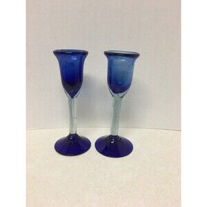 2 Hand Blown Cobalt Blue Clear Glass Candle Holders Clear Stemmed